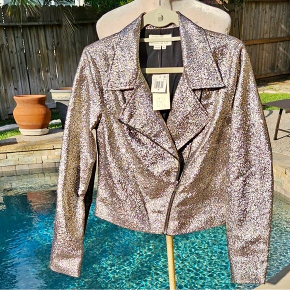 Nwt SB by Sachin + Babi Silver gold Metallic Moto Jacket M - Picture 3 of 9